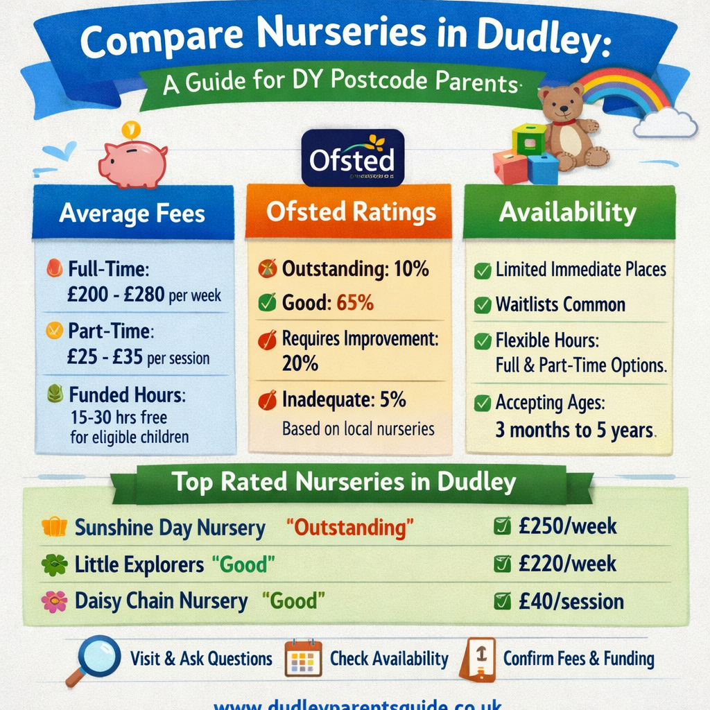 Compare nurseries in Dudley by fees, Ofsted rating and availability. Local guide for DY postcode parents — find the right setting faster