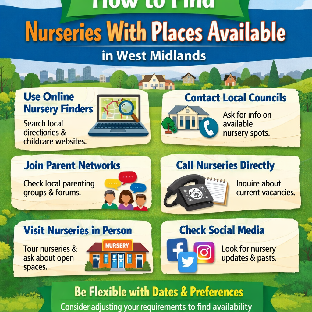 Find nursery places across Birmingham, Wolverhampton, Walsall, Dudley, Sandwell, Solihull and Coventry. BookAllCare shows live availability so you can compare and enquire instantly.